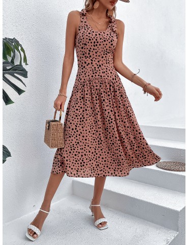 Summer Square Neck Sleeveless Waist Polka Dot Dress Long