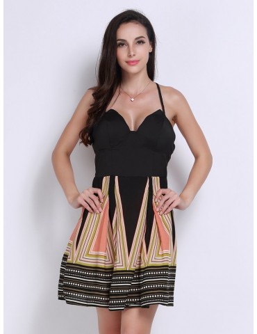 Women Sexy Backless Geometric Pattern Camisole Mini Dress