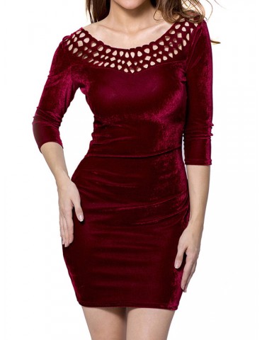 Sexy Velvet Hollow Bodycon 3/4 Sleeve O-neck Mini Dress For Women