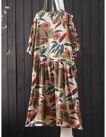 Drawstring Waist Floral Print Short Sleeve Vintage Dress