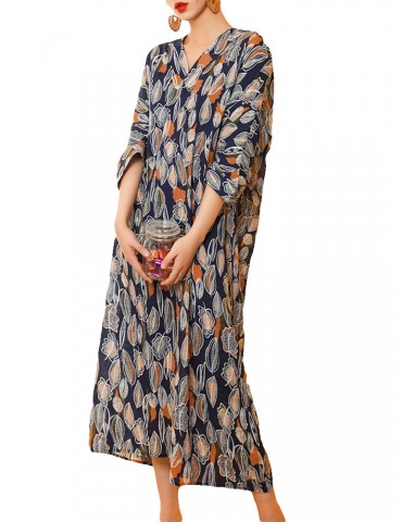 Boho Natural Print 3/4 Sleeve V Neck Dress