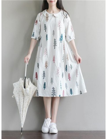 Printed Women Turn-down Collar Half Sleeve Dresses