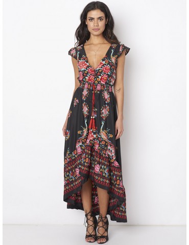 Folk Style Floral Print Bandage V-neck Women Maxi Dress