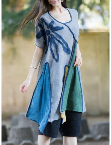 Short Sleeve O-Neck Patchwork Irregular Hem Casual Dresses