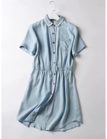 Denim Short Sleeve Botton Fly Turn-down Collar Casual Dresses