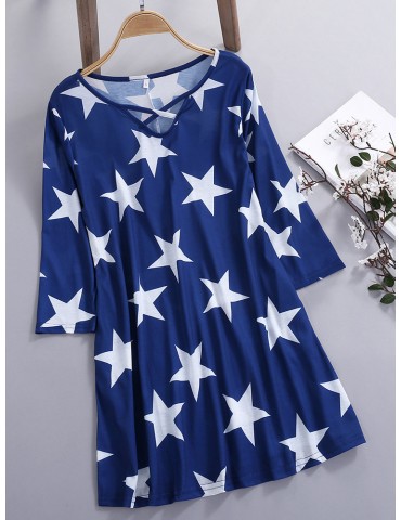 Knitted Stars Criss Cross Neck Short Sleeve Casual Dresses