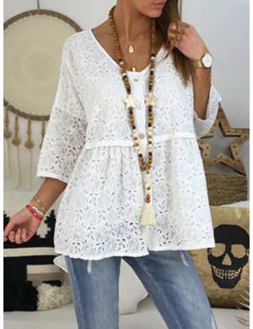 Lace Button Solid Color V Neck Casual Blouse