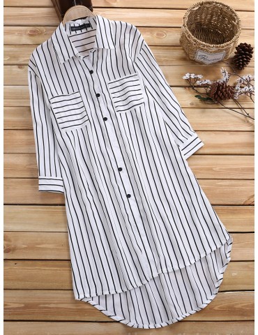 Leisure Cross Stripe Pockets Half Sleeve Women Blouse