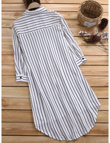 Leisure Cross Stripe Pockets Half Sleeve Women Blouse