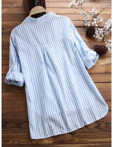 Striped Turn Down Collar Side Slit V Neck Shirt