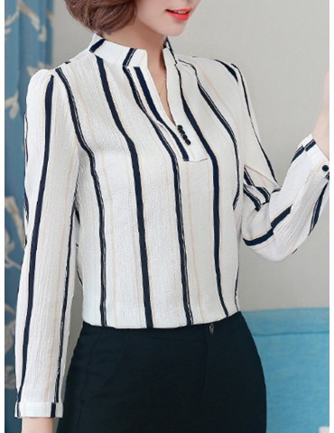 Chiffon Striped V-neck Long Sleeve Shirt