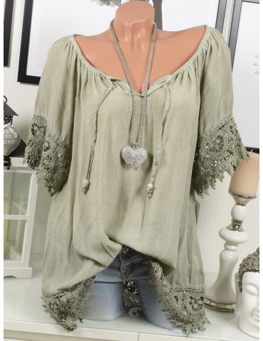 Women Solid Color Lace Patchwork Short Sleeve Casual Blouse