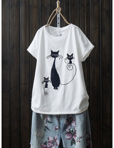 Cartoon Embroidery Short Sleeve Crew Neck Casual T-shirt