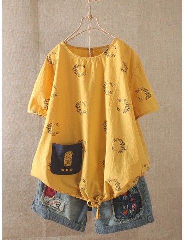 Women Print Cartoon Embroidery Drawstring Short Sleeve T-shirt