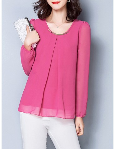 Women Long Sleeve Pure Color Chiffon T-shirts