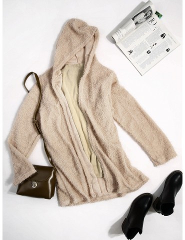 Casual Women Solid Color Hooded Fleece Coats