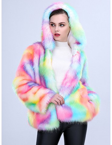 Women Christmas Cosplay Colorful Faux Fur Hooded Warm Coats