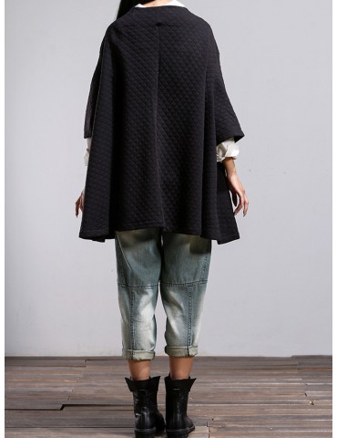 Solid Color Plaid Loose Button Casual Cape Coat