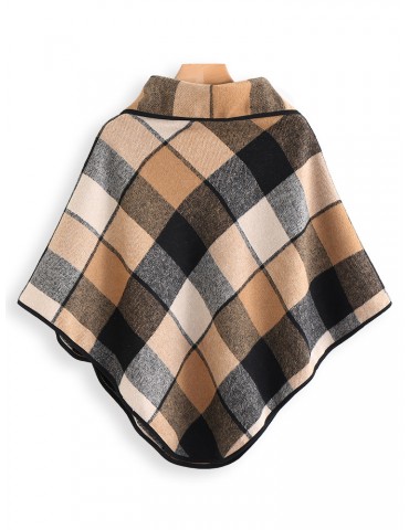 Multi-color Plaid Irregular Turtleneck Casual Cape Coat