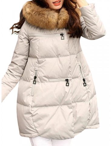 Pure Color Faux Fur Hooded Loose Long Sleeve Women Down Coats