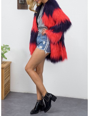 Elegant Patchwork Two Tone Faux Fur Coat