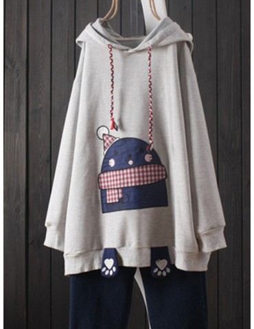 Drawstring Cartoon Embroidered Long Sleeve Women Hoodie