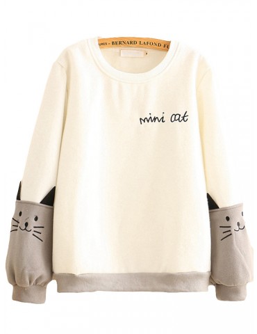 Women Cute Cat Print Patchwork Cotton Loose Crew Neck Sweatshirt