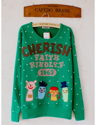 Women Cute Cartoon Print Polka Dot Embroidery Loose Sweatshirt