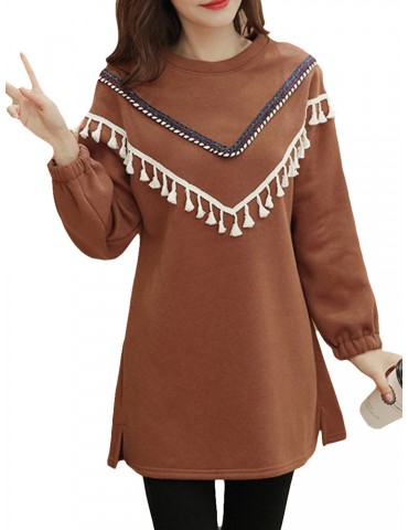 Women Ethnic O-neck Loose Long Sleeve Sweatshirt With Tassels