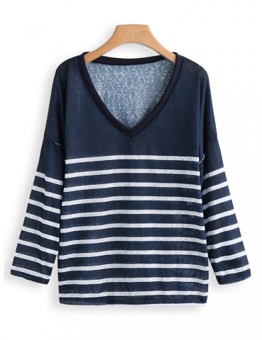 Assorted Color Stripe Long Sleeve Casual Loose Autumn Pullover Top Sweatshirt