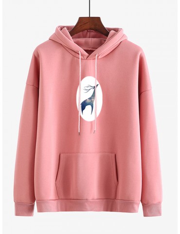 Print Deer Loose Pocket Hooded Sweatshirt