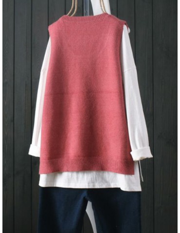 Embroidery Side Splited Casual Women Vest Sweater