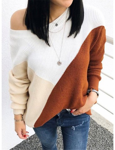 Patchwork Crew Neck Casual Oversized Sweater