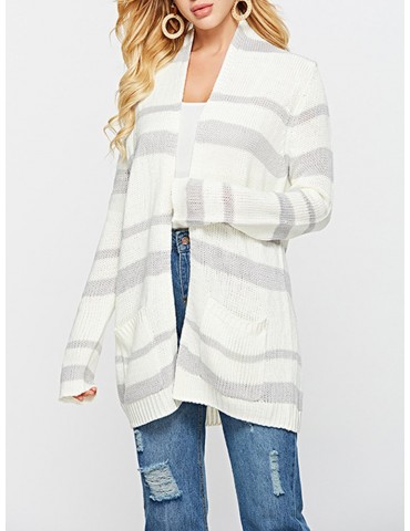 Knit Striped Thin Loose Mid Length White Cardigan