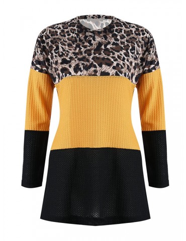 Leopard Patchwork Crew Neck Knit Sweater