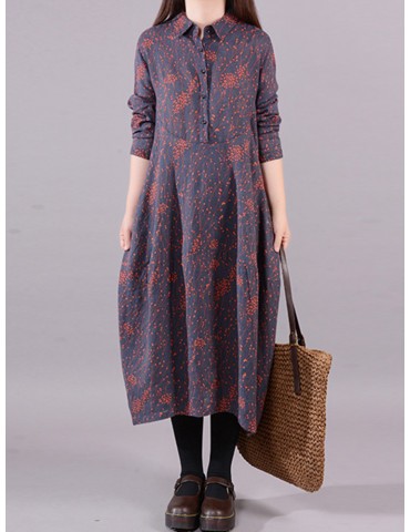 Vintage Floral Print Lapel Long Sleeve Plus Size Dress