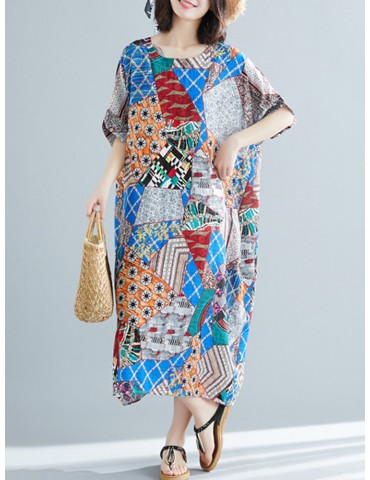 Vintage Print Short Sleeve Loose Dress with Pockets