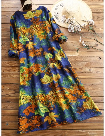 Floral Printed Long Sleeve Vintage Maxi Dresses