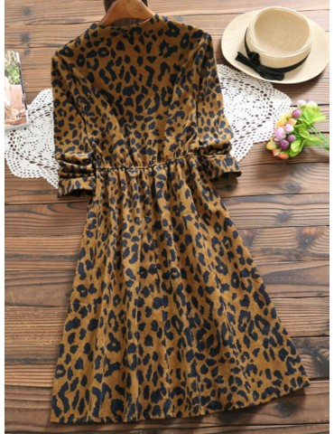 Corduroy Stand Collar Long Sleeve Leopard Dress