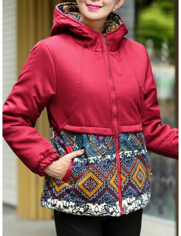 Vintage Print Thick Hooded Coat for Women