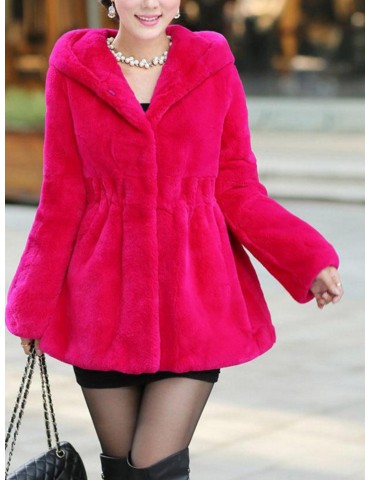 Elegant Faux Fur Hooded V-nekc Coat