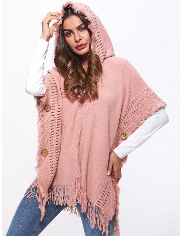 Solid Color Button Tassel Hooded Irregular Cardigan