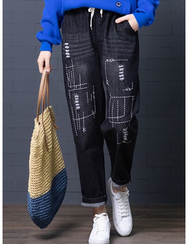 Casual Ripped Black Elastic Waist Loose Pants