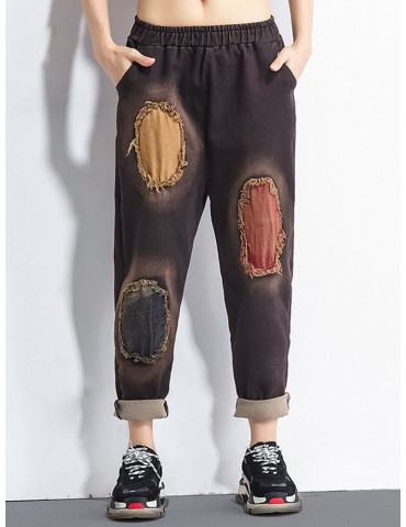 Vintage Patchwork Elastic Waist Pants for Women