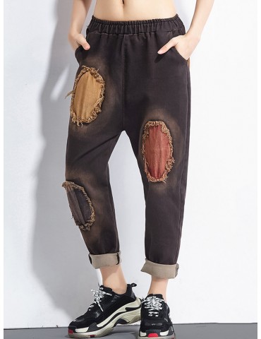 Vintage Patchwork Elastic Waist Pants for Women