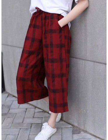 Plaid Drawstring Wide Leg Vintage Pants