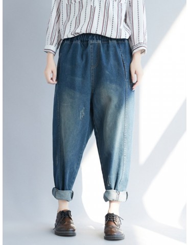 Vintage Solid Color Elastic Waist Loose Denim Pants