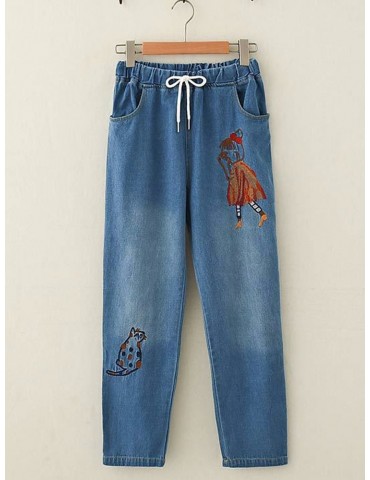 Cute Embroidery Elastic Waist Drawstring Denim Pants