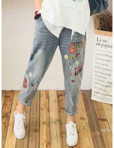 Vintage Cartoon Print Harem Denim Pants