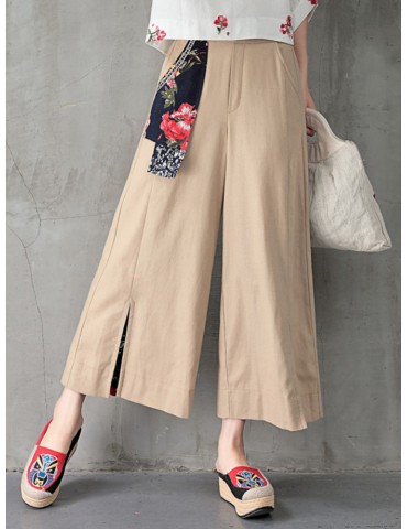 Folk Style Floral Print Patchwork Splited High Waist Women Pants